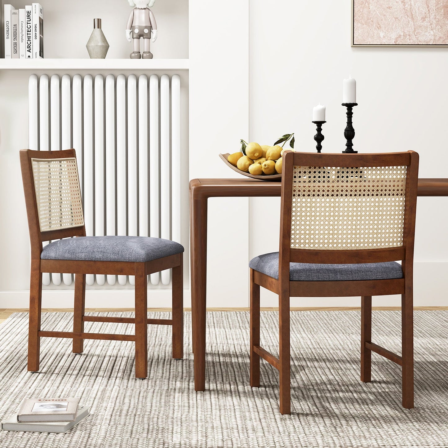 Rattan Dining Chair Set of 2 with Rubber Wood Frame and Linen Fabric Padded Seat-Walnut in modern dining room