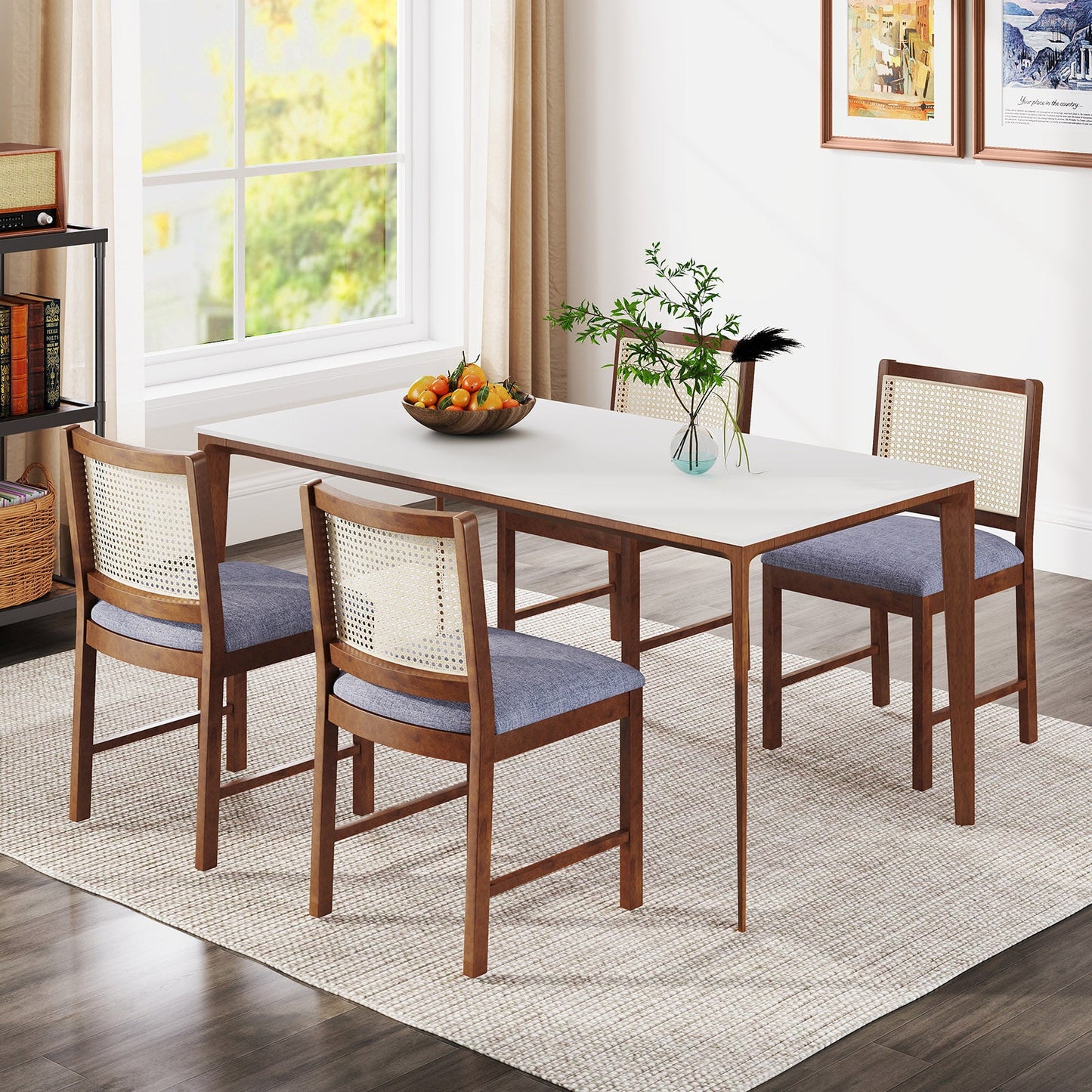 Rattan Dining Chair Set of 2 with Rubber Wood Frame and Linen Fabric Padded Seat-Walnut in modern dining room