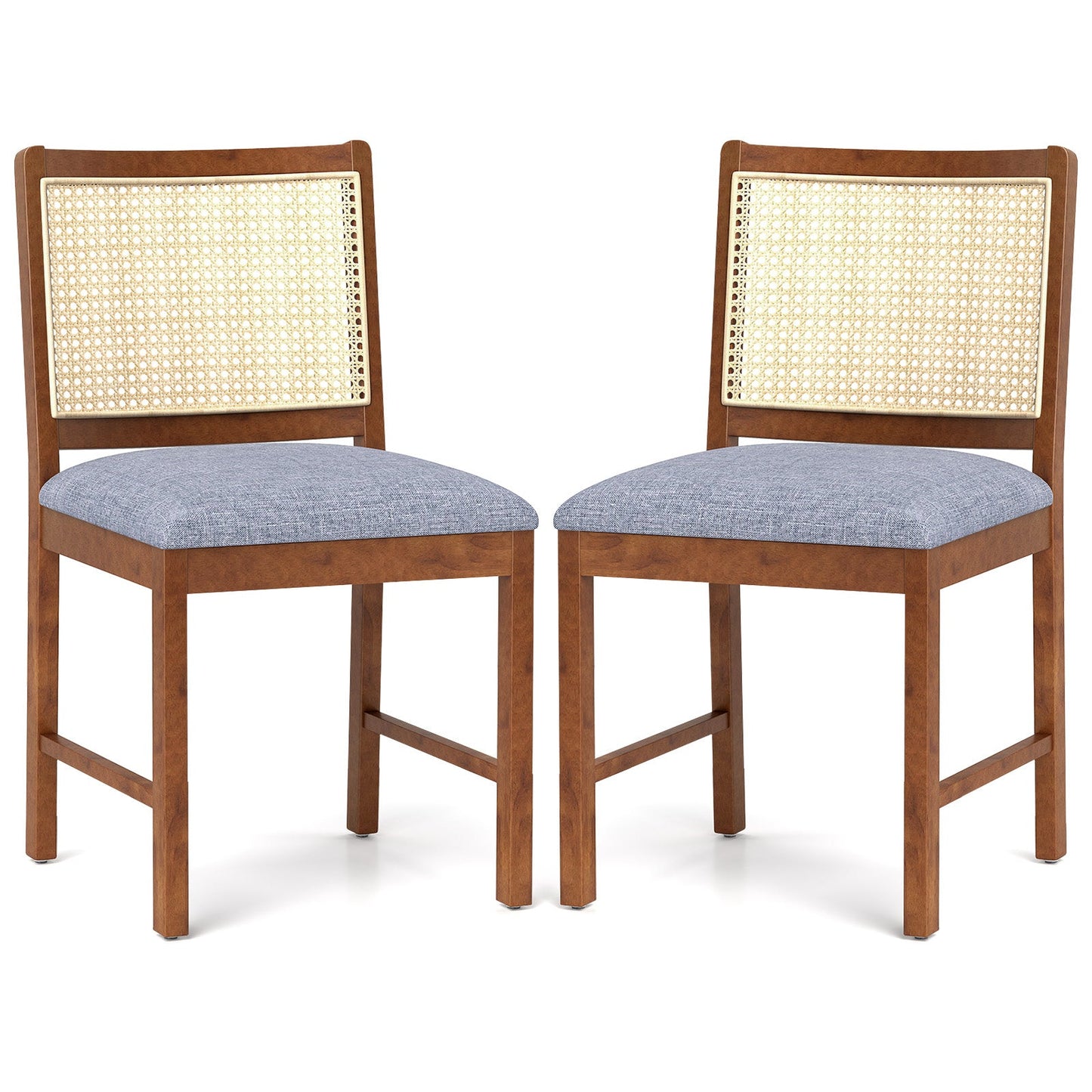 Rattan Dining Chair Set of 2 with Rubber Wood Frame and Linen Fabric Padded Seat-Walnut, features rattan backrests, and padded cushions.