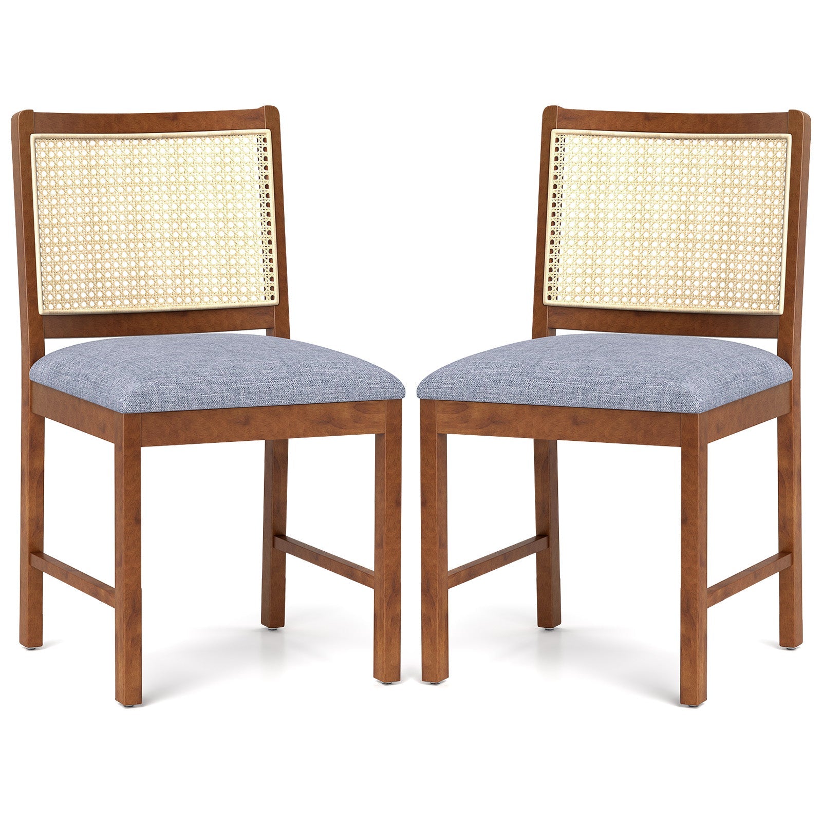 Rattan Dining Chair Set of 2 with Rubber Wood Frame and Linen Fabric Padded Seat-Walnut, features rattan backrests, and padded cushions.