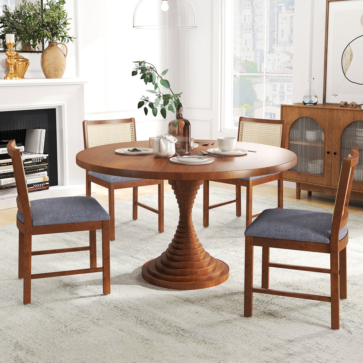 Rattan Dining Chair Set of 2 with Rubber Wood Frame and Linen Fabric Padded Seat-Walnut around a round table in a modern dining room
