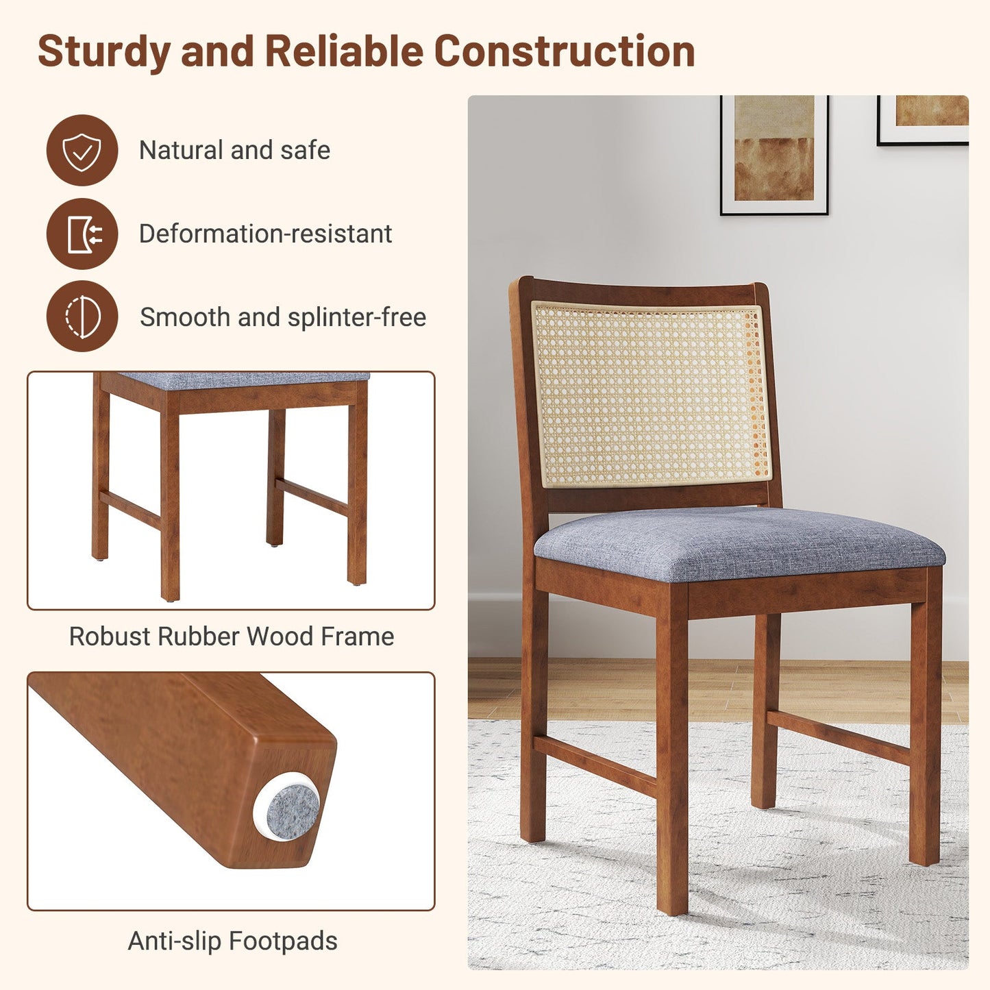 Rattan Dining Chair Set of 2 with Rubber Wood Frame and Linen Fabric Padded Seat-Walnut featuring rattan backrest and footpads