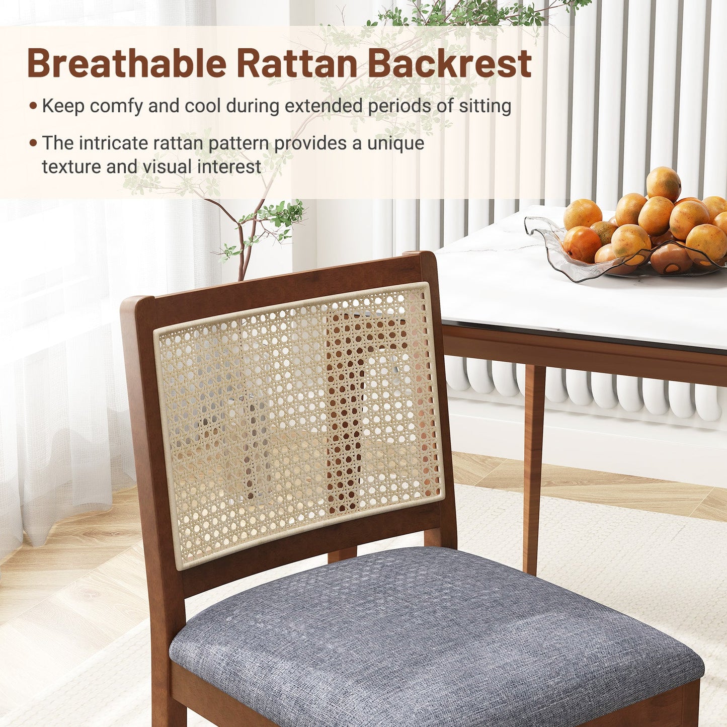 Rattan Dining Chair Set of 2 with Rubber Wood Frame and Linen Fabric Padded Seat-Walnut featuring breathable rattan backrest.