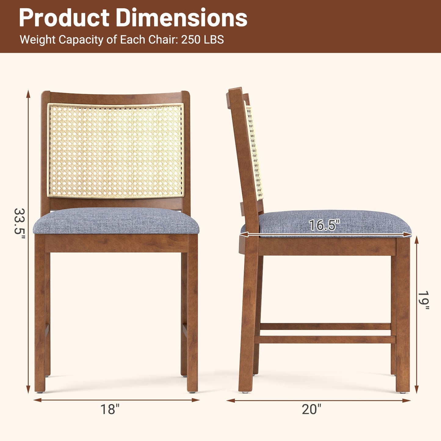 Product dimensions of Rattan Dining Chair Set of 2 with Rubber Wood Frame and Linen Fabric Padded Seat-Walnut, side and front view