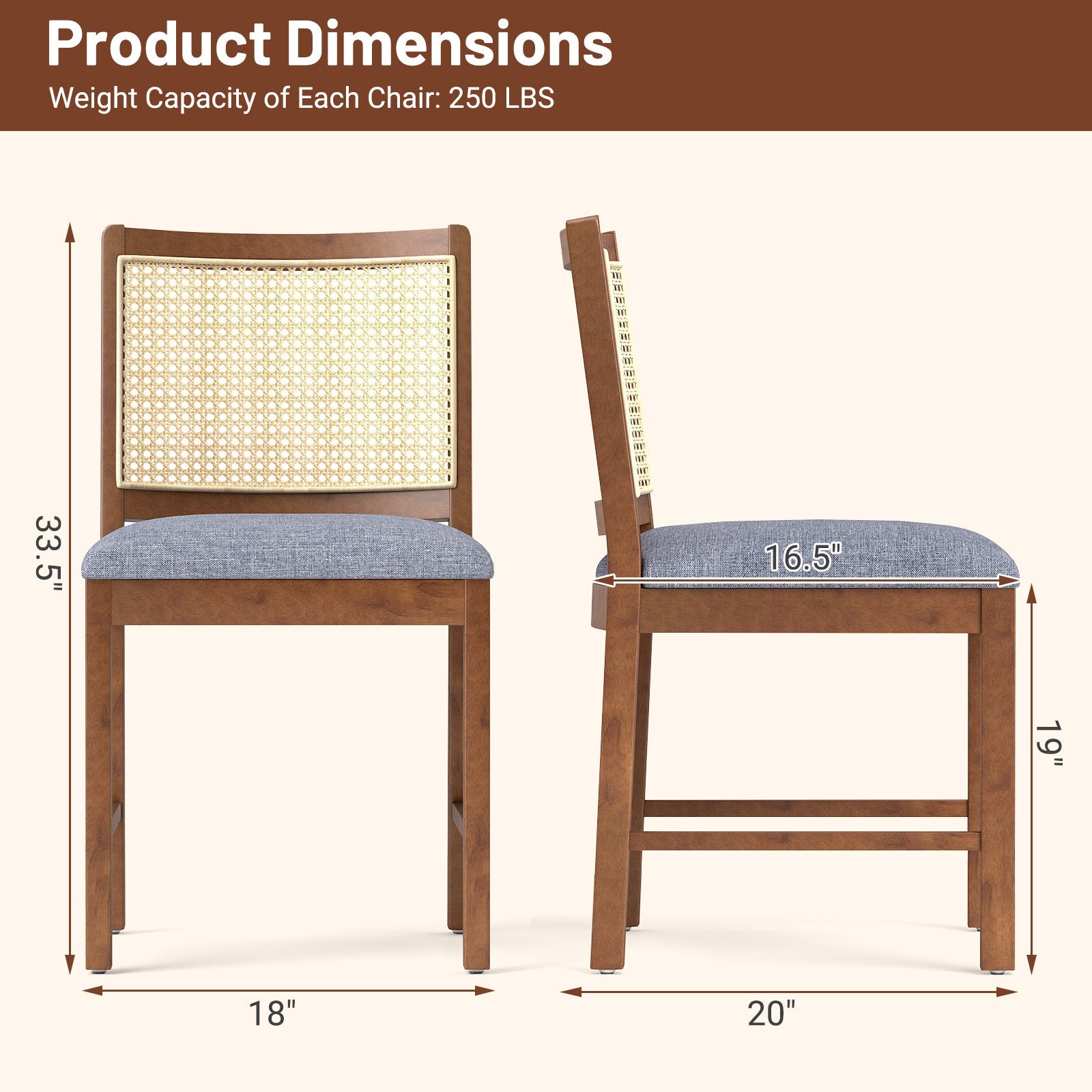 Product dimensions of Rattan Dining Chair Set of 2 with Rubber Wood Frame and Linen Fabric Padded Seat-Walnut, side and front view