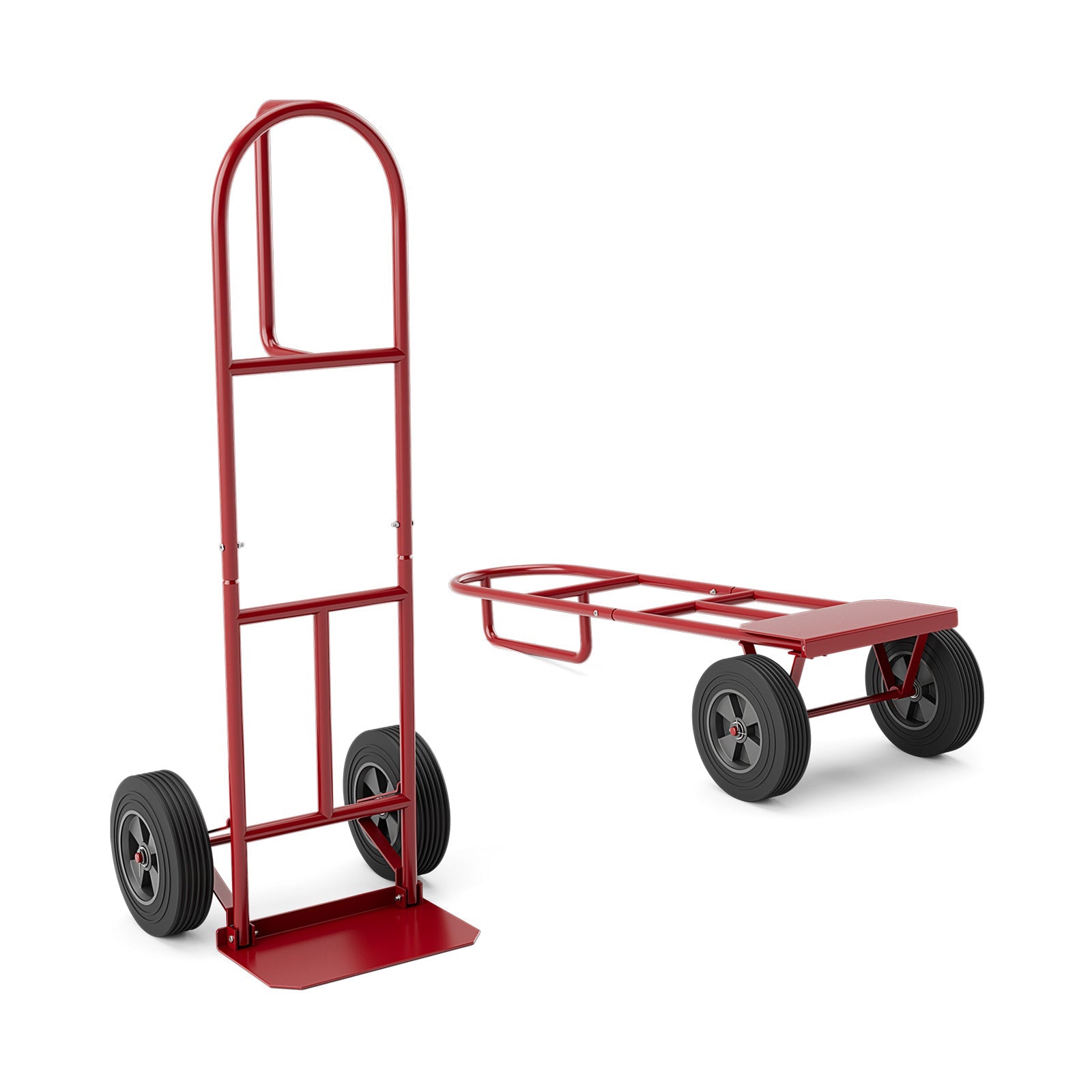 P-Handle Sack Truck with 10 Inch Wheels and Foldable Load Area-Red; heavy-duty metal construction, foldable for space saving.