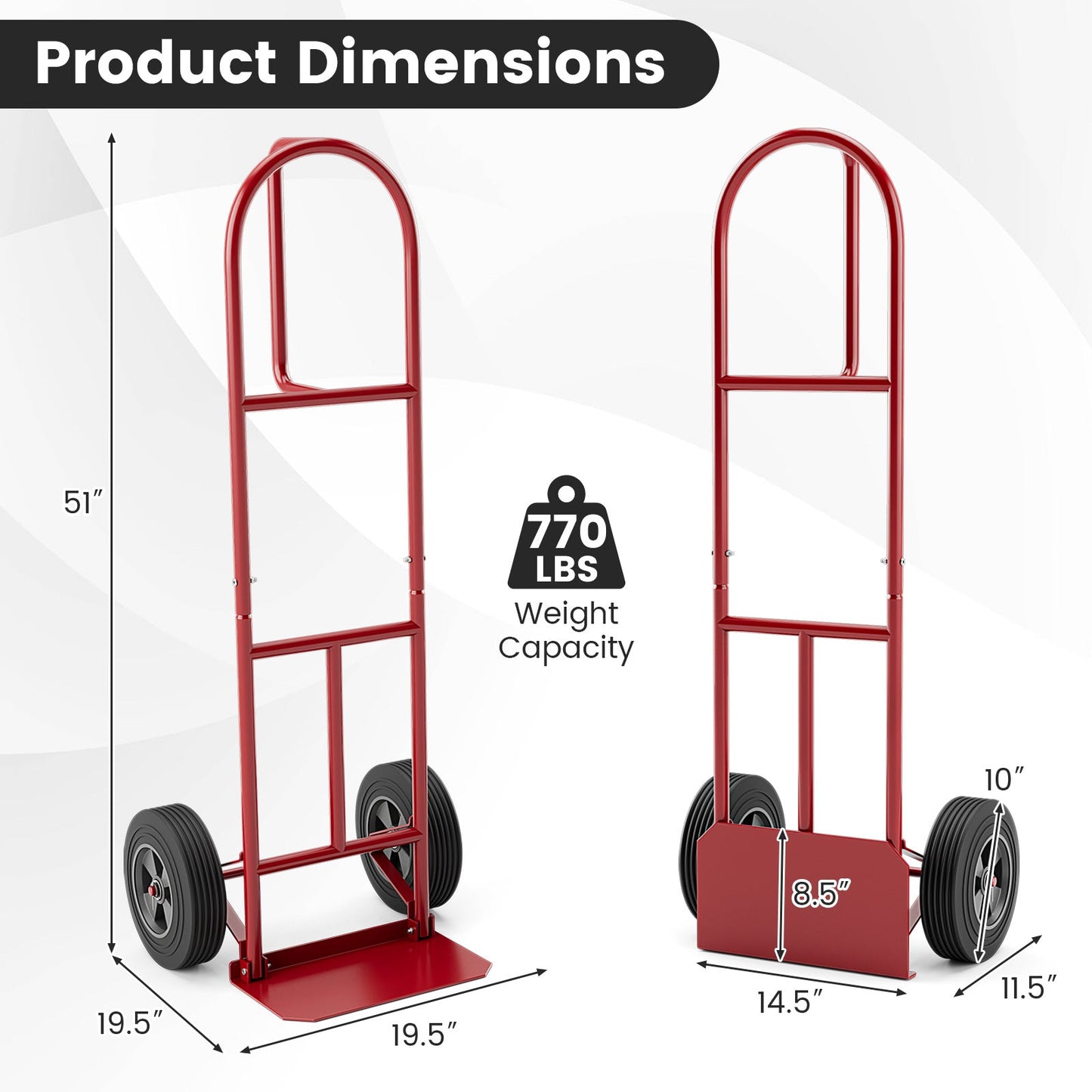 P-Handle Sack Truck with 10 Inch Wheels and Foldable Load Area-Red showing product dimensions and weight capacity.