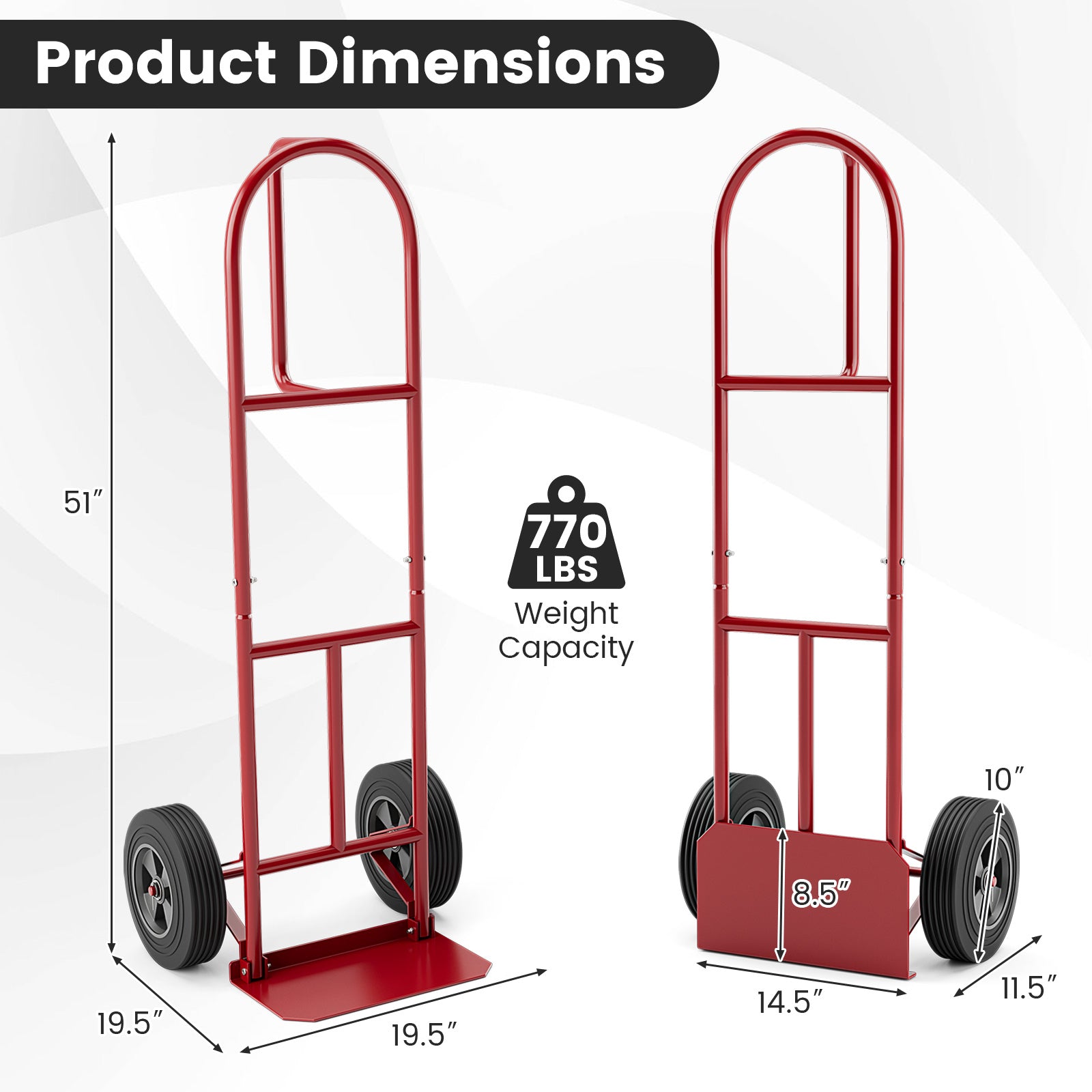 P-Handle Sack Truck with 10 Inch Wheels and Foldable Load Area-Red showing product dimensions and weight capacity.