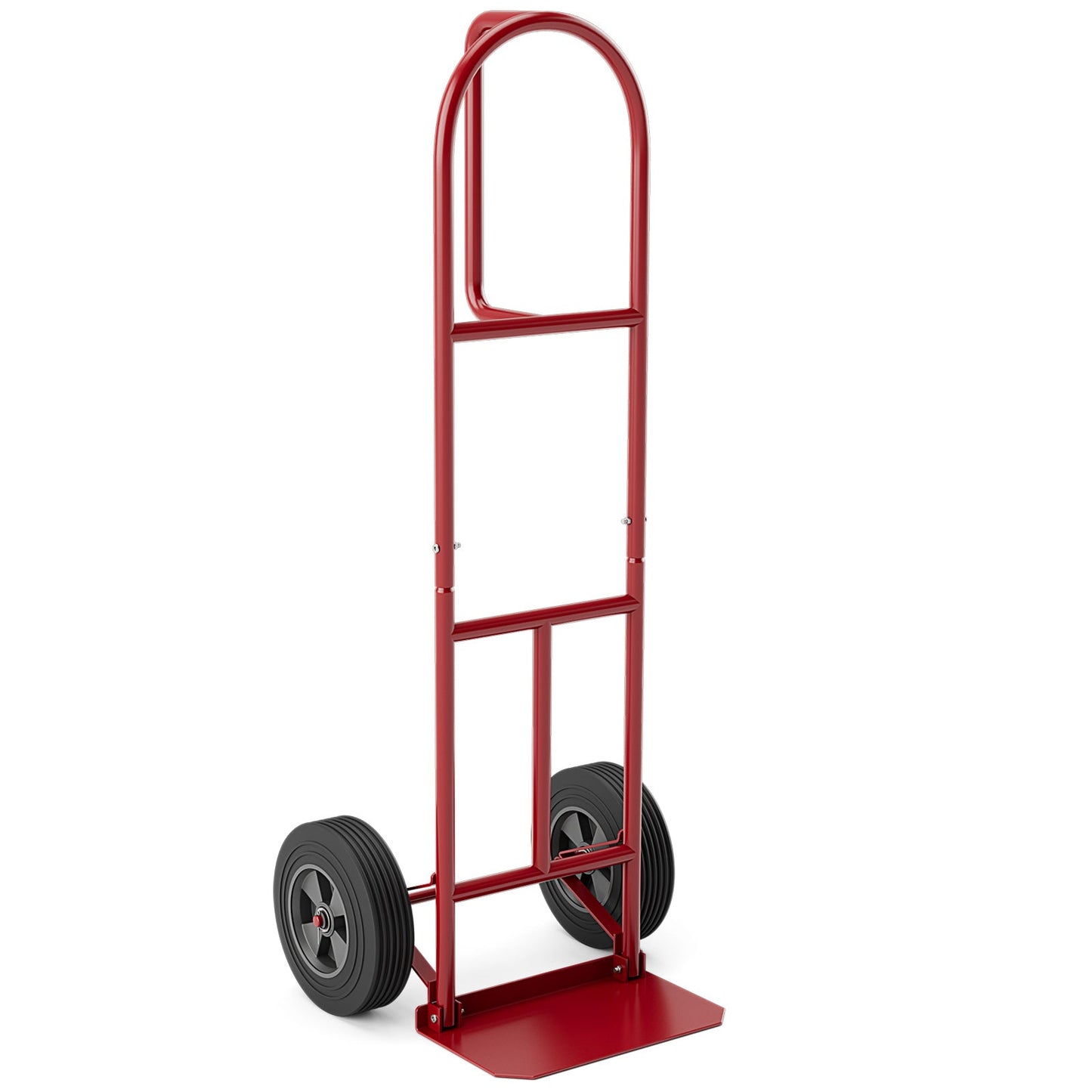 P-Handle Sack Truck with 10 Inch Wheels and Foldable Load Area-Red for easy maneuvering and heavy-duty use on various surfaces.
