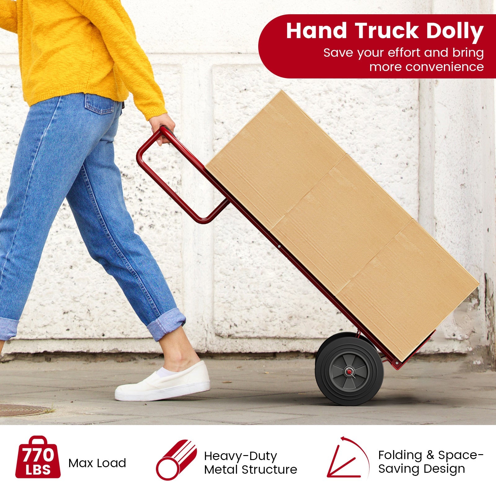 P-Handle Sack Truck with 10 Inch Wheels and Foldable Load Area-Red used for moving heavy boxes