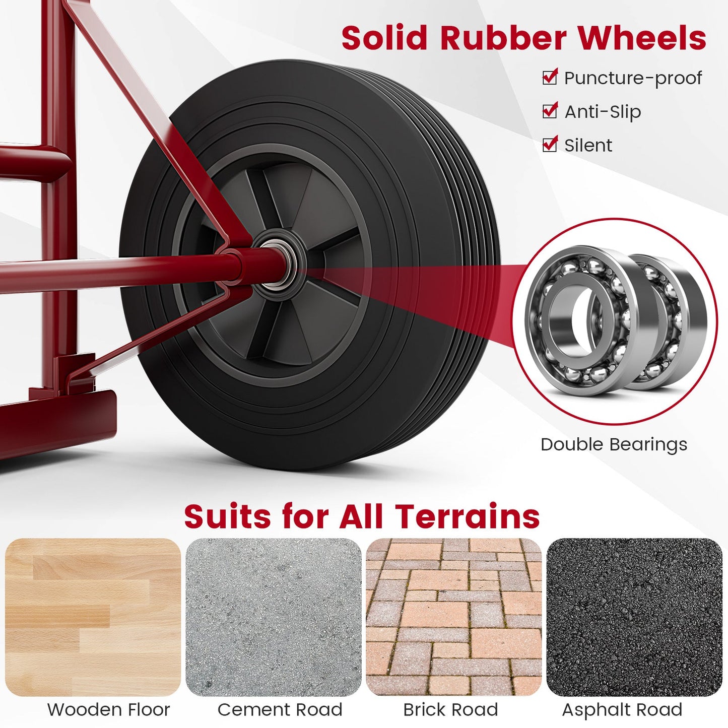 Solid rubber wheels with double bearings on a P-Handle Sack Truck with 10 Inch Wheels and Foldable Load Area-Red, suited for all terrains.