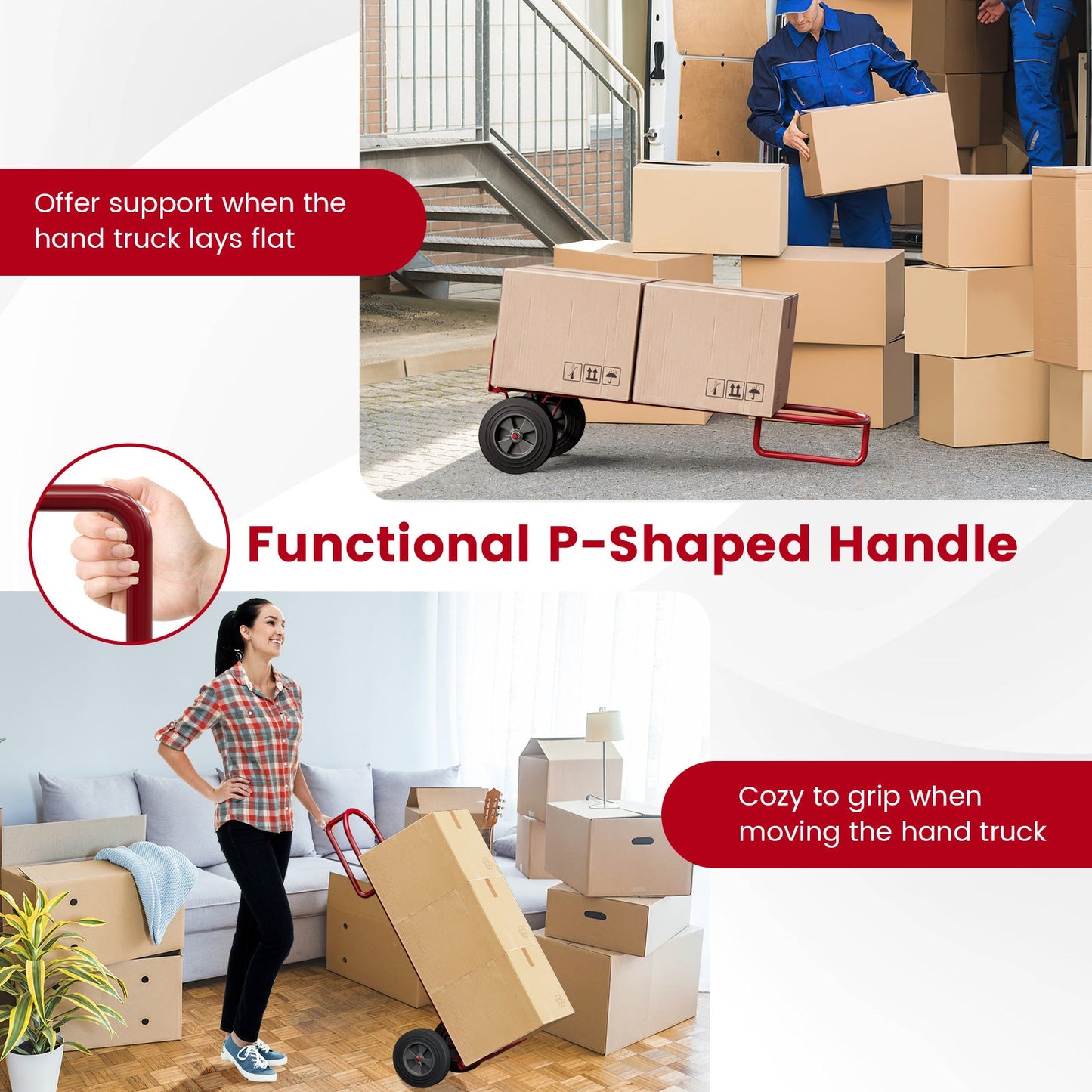 P-Handle Sack Truck with 10 Inch Wheels and Foldable Load Area-Red for easy moving and space-saving, ideal for various surfaces.
