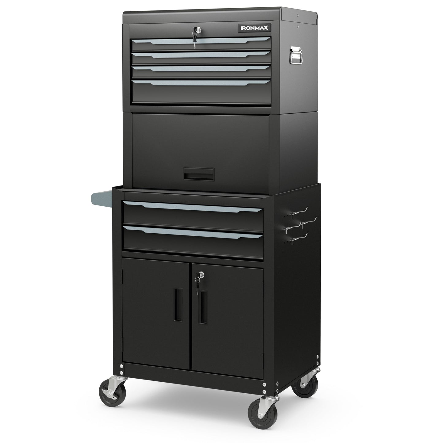 3-in-1 6-Drawer Rolling Tool Chest Storage Cabinet with Universal Wheels and Hooks-Black with smooth drawers and safety lock