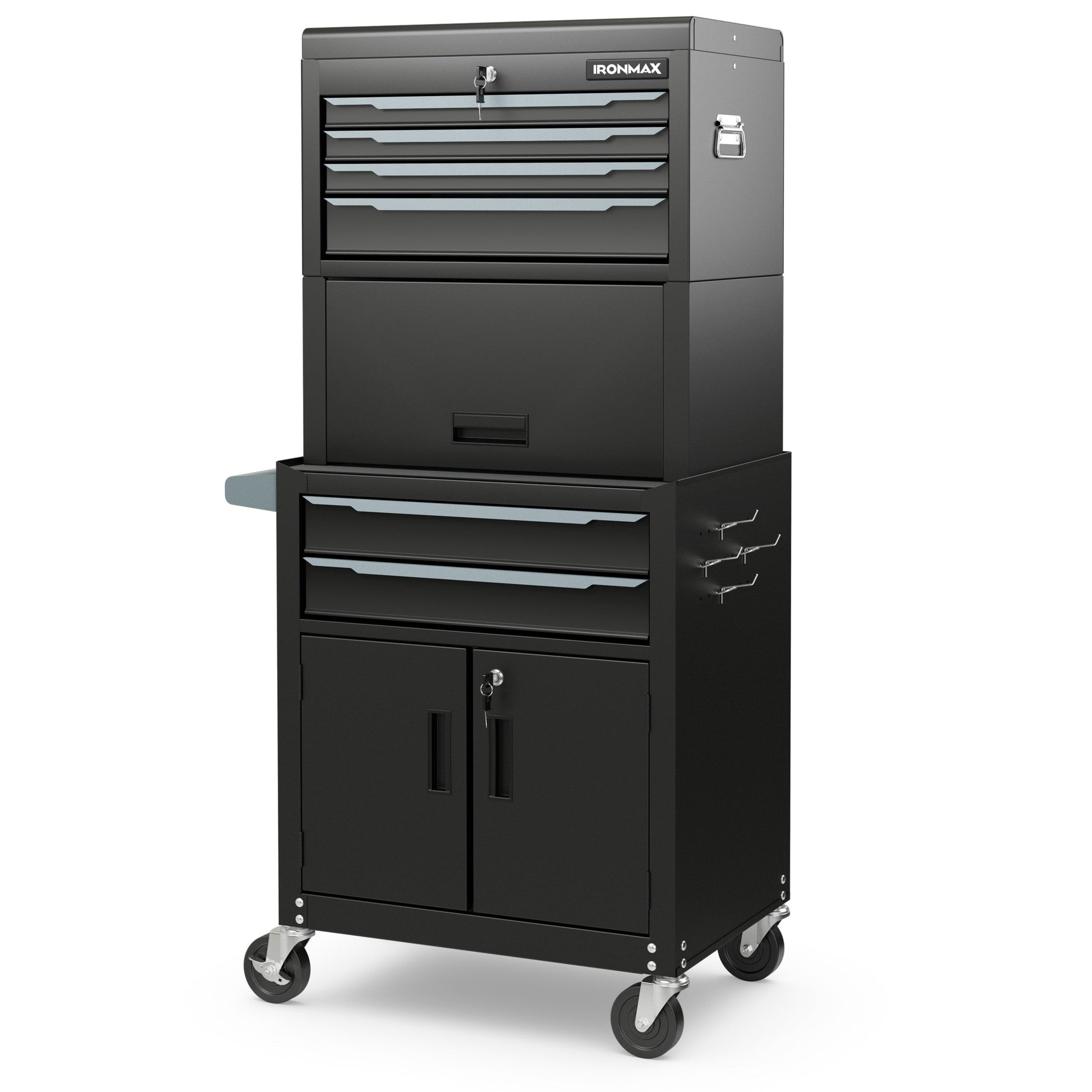 3-in-1 6-Drawer Rolling Tool Chest Storage Cabinet with Universal Wheels and Hooks-Black with smooth drawers and safety lock