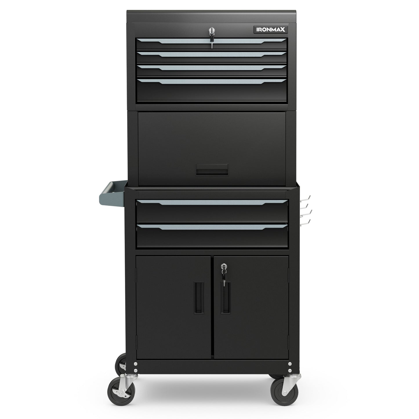 Black 3-in-1 6-Drawer Rolling Tool Chest Storage Cabinet with Universal Wheels and Hooks, featuring safety lock and easy-pull handle.