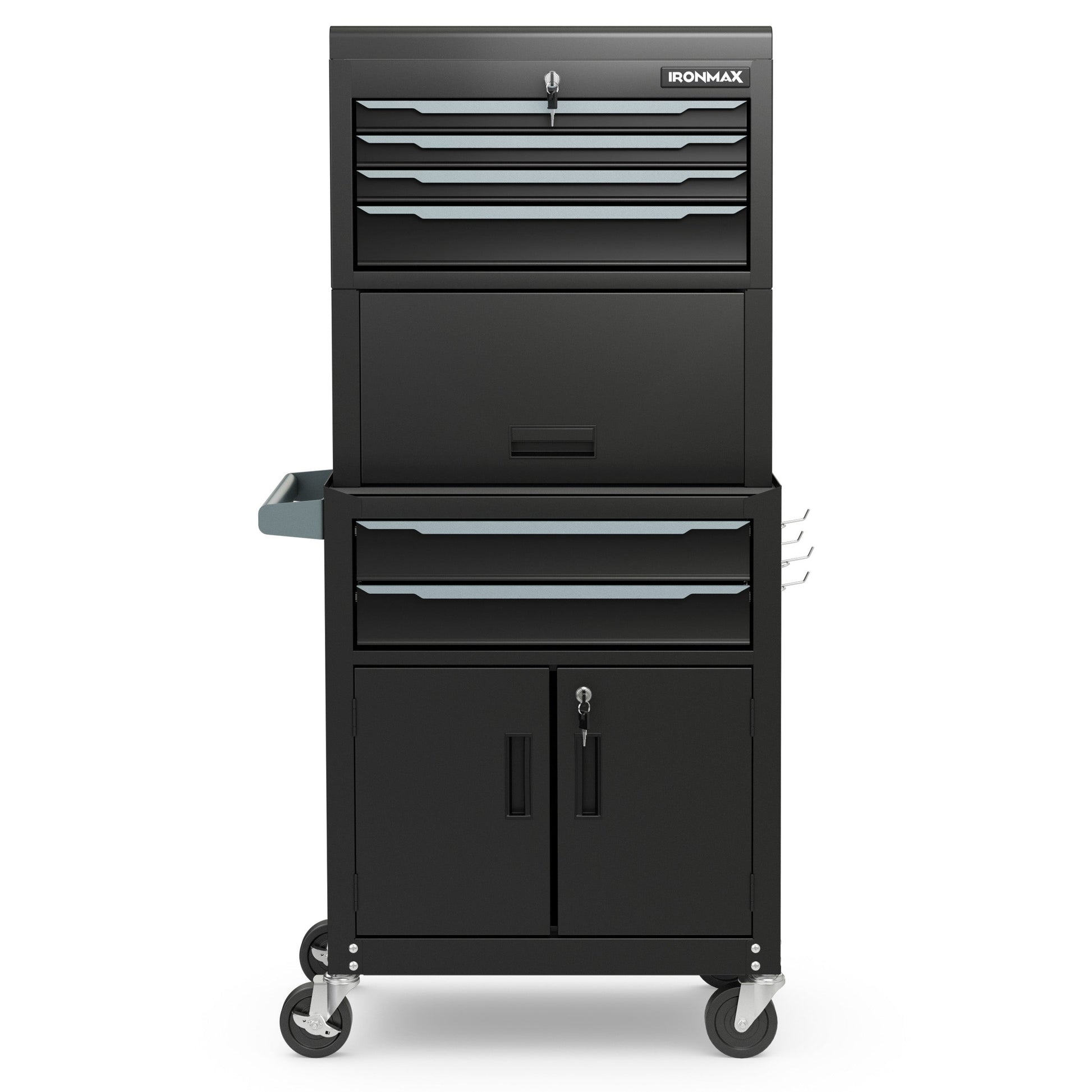 Black 3-in-1 6-Drawer Rolling Tool Chest Storage Cabinet with Universal Wheels and Hooks, featuring safety lock and easy-pull handle.