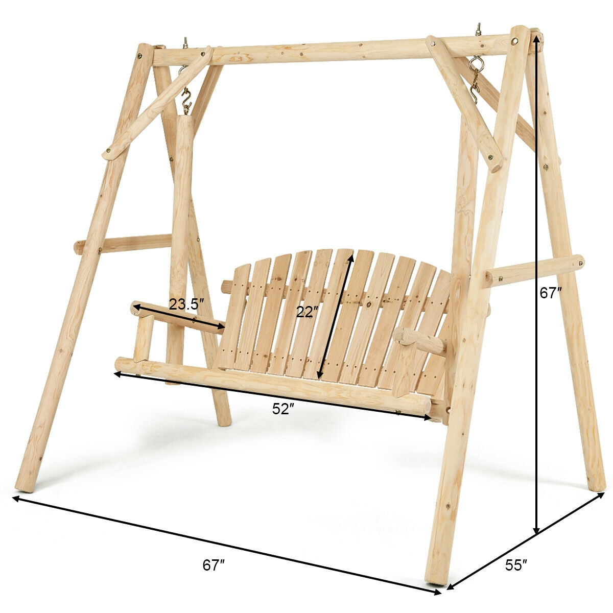 Outdoor Wooden Porch Bench Swing Chair with Rustic Curved Back in fir wood, ergonomic design for gardens, patios, and yards, features measurements.