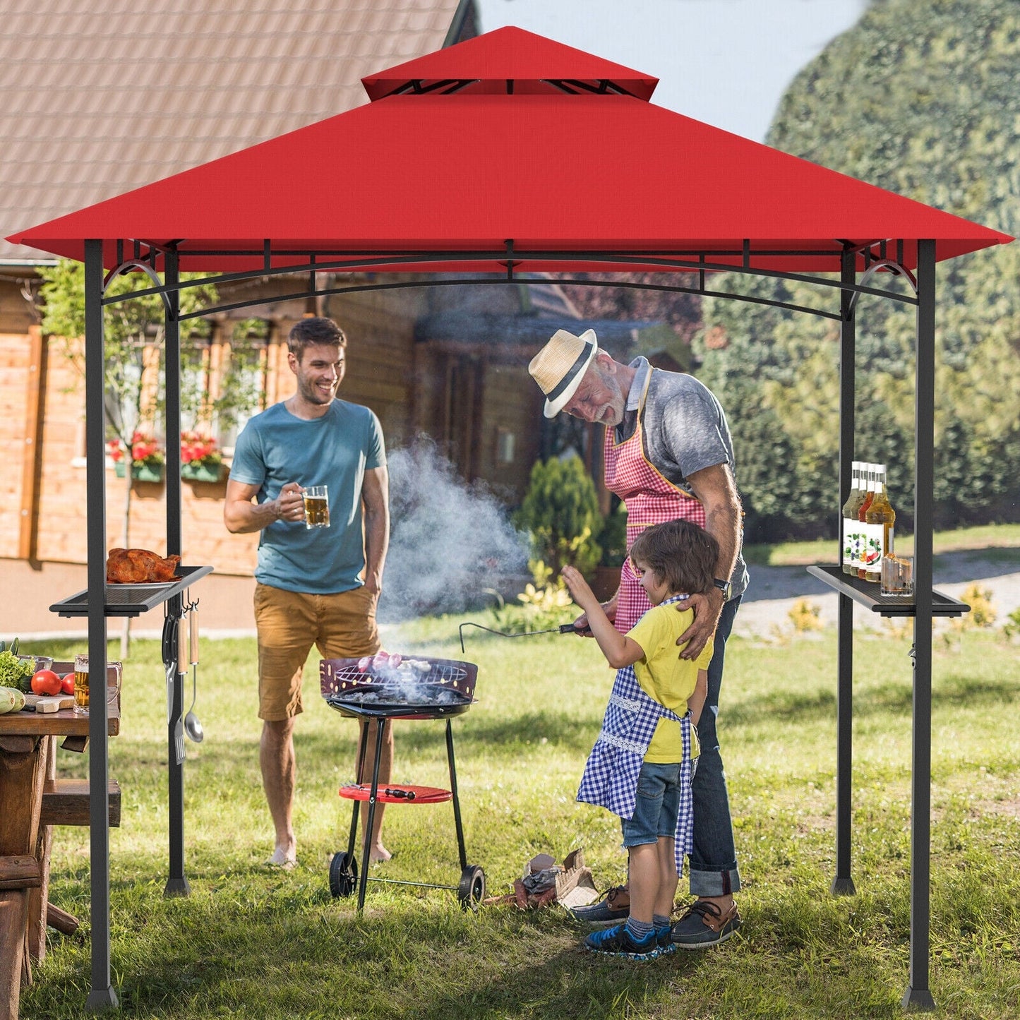 Family grilling under the 8 x 5 Feet Outdoor Barbecue Grill Gazebo Canopy Tent BBQ Shelter-Wine with ventilation.