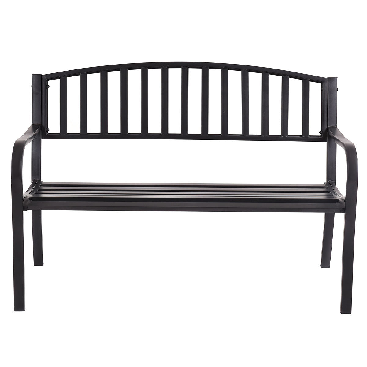 50 Inch Patio Garden Bench Loveseats for Outdoor in black with ergonomic seating and armrests, perfect for gardens and backyards.