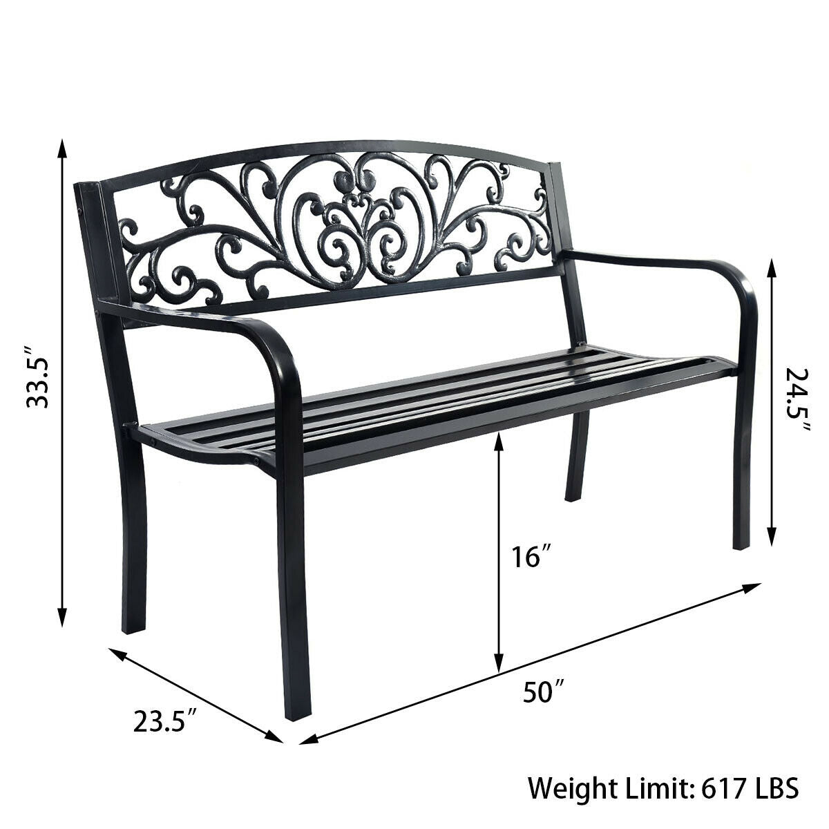 50 Inch Patio Park Steel Frame Cast Iron Backrest Bench Porch Chair with ornate mesh design and dimension labels for outdoor use