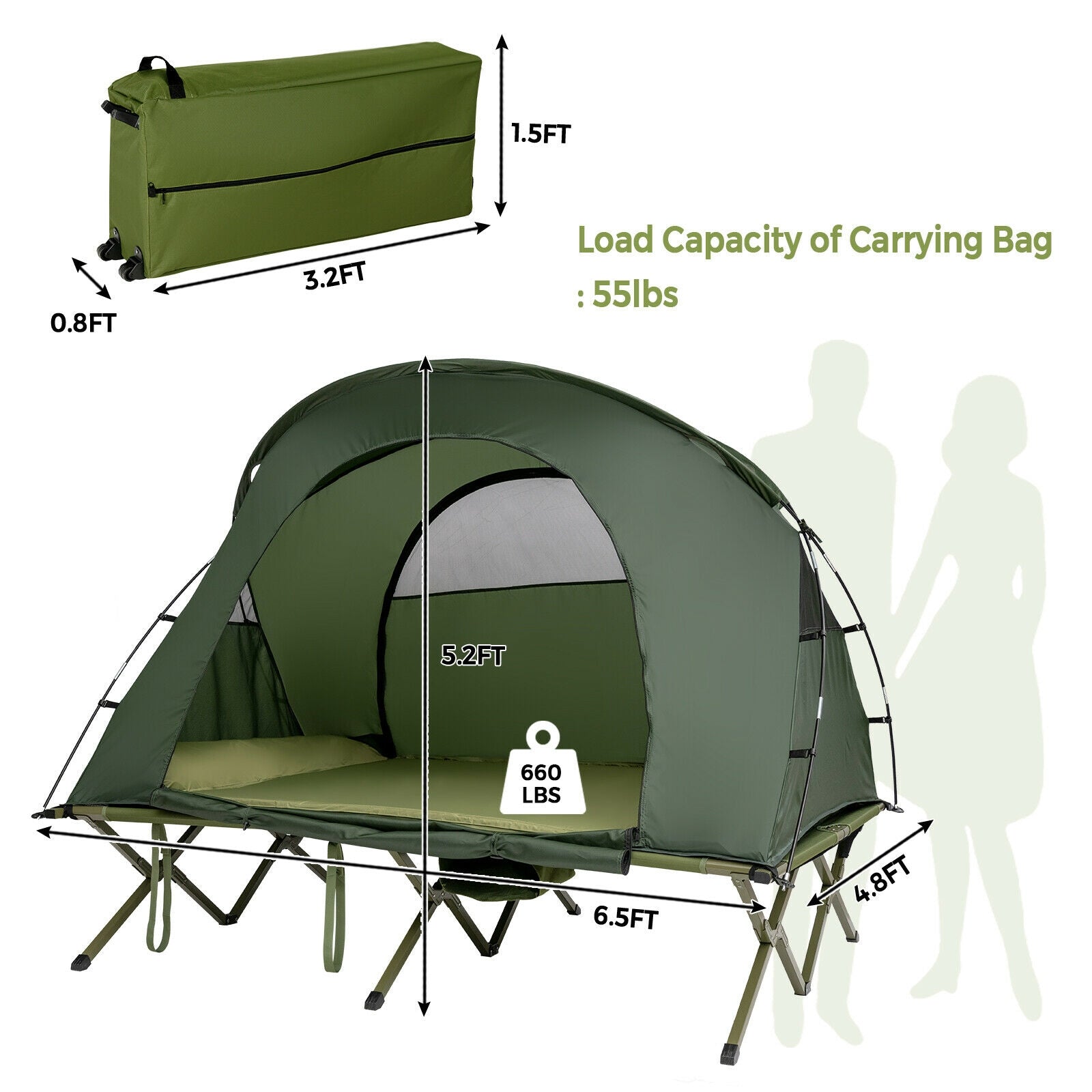 2-Person Outdoor Camping Tent with External Cover-Green showing size and load capacity, with cot and carry bag included.
