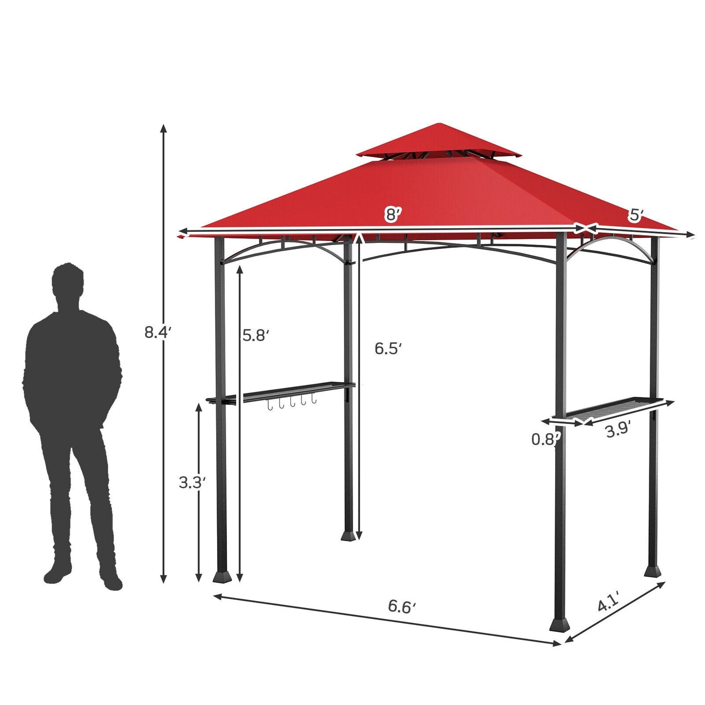 Diagram of 8 x 5 Feet Outdoor Barbecue Grill Gazebo Canopy Tent BBQ Shelter-Wine showing dimensions and ventilation design.