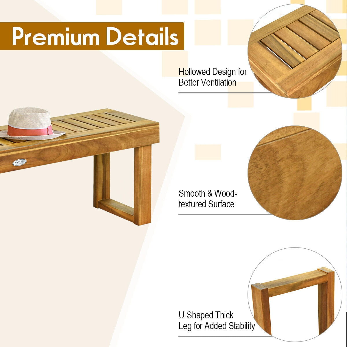 52 Inch Acacia Wood Dining Bench with Slatted Seat showcasing hollowed design, smooth surface, and U-shaped thick leg for stability.