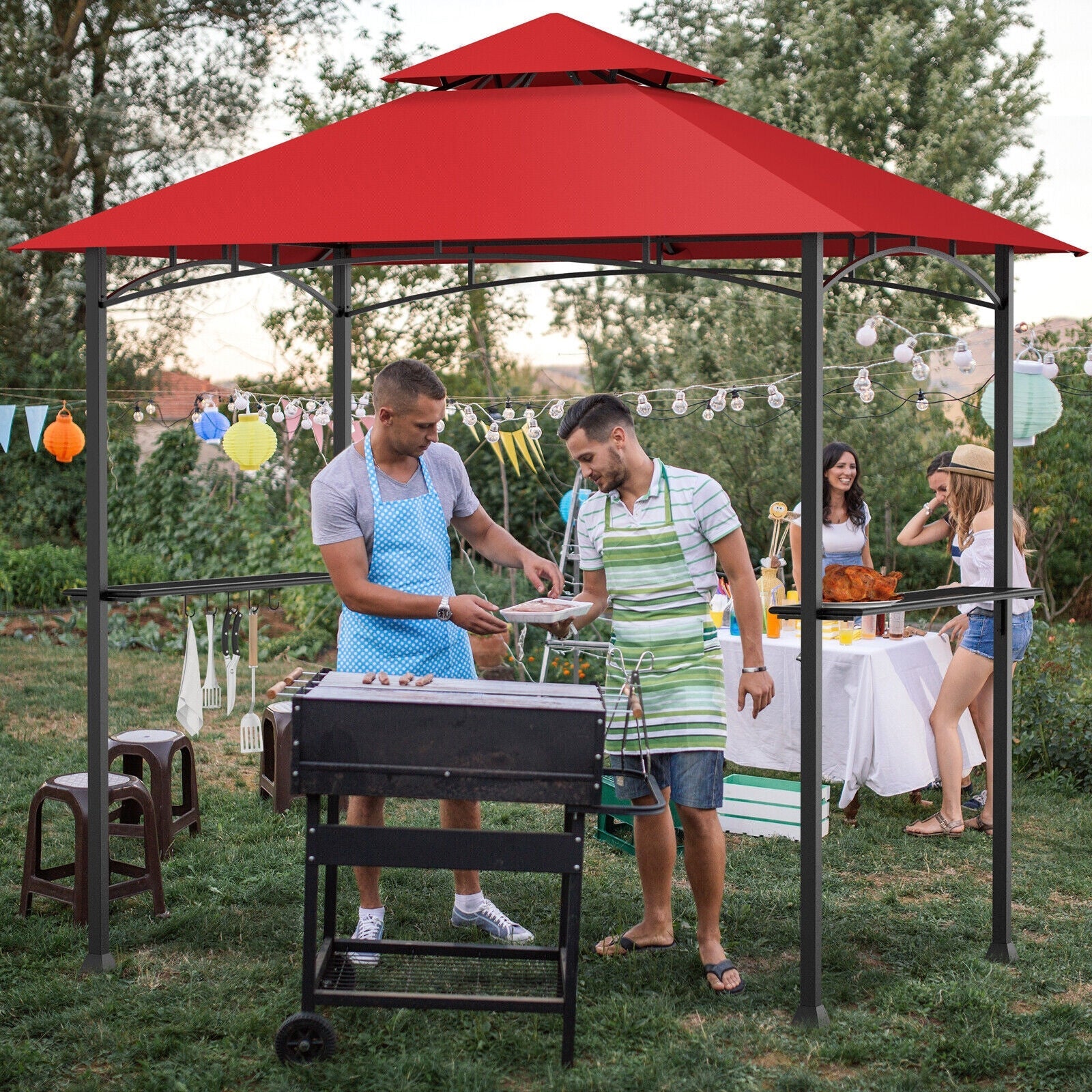8 x 5 Feet Outdoor Barbecue Grill Gazebo Canopy Tent BBQ Shelter-Wine with double roof providing ventilation during a barbecue party