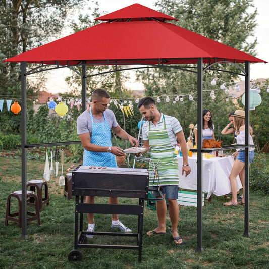 8 x 5 Feet Outdoor Barbecue Grill Gazebo Canopy Tent BBQ Shelter-Wine with double roof providing ventilation during a barbecue party