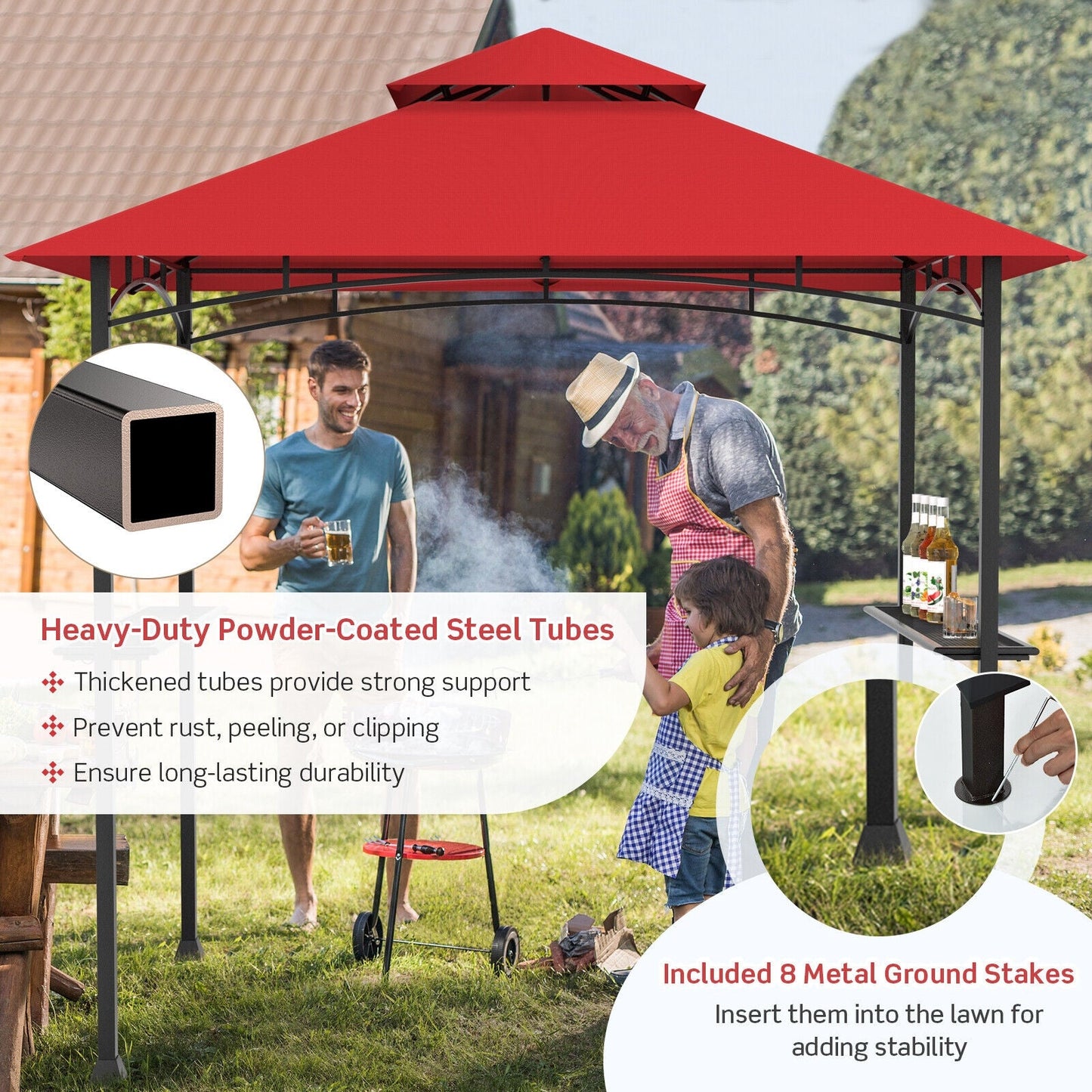 8 x 5 Feet Outdoor Barbecue Grill Gazebo Canopy Tent BBQ Shelter-Wine with double roof and 360-degree ventilation in a yard