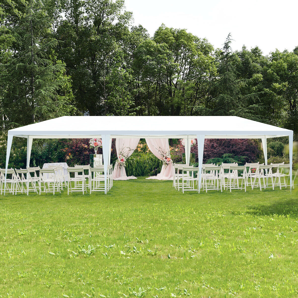 10 x 30 Feet Gazebo Canopy Tent with Connection Stakes and Wind Ropes set up on grass