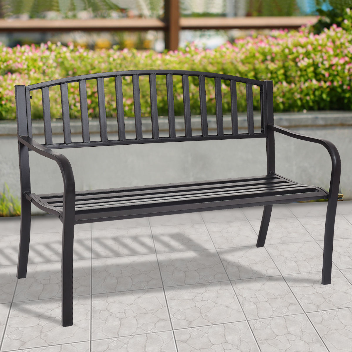 50 Inch Patio Garden Bench Loveseats for Outdoor in modern black design on a sunny deck with floral background
