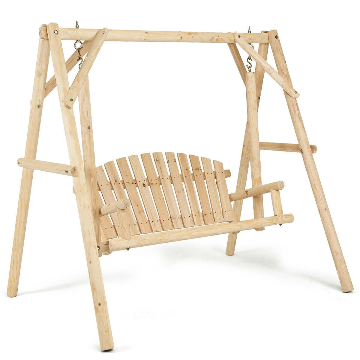 Outdoor Wooden Porch Bench Swing Chair with Rustic Curved Back made of high-quality fir wood, perfect for patio and garden use.