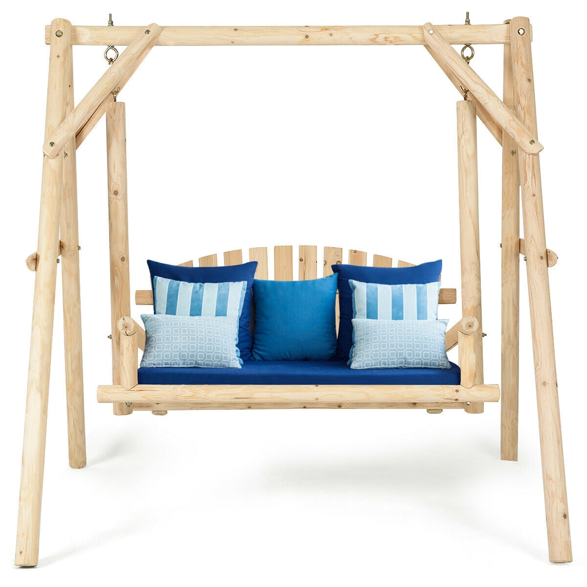 Outdoor Wooden Porch Bench Swing Chair with Rustic Curved Back, sturdy fir wood with blue cushions, perfect for garden patio and yard use.