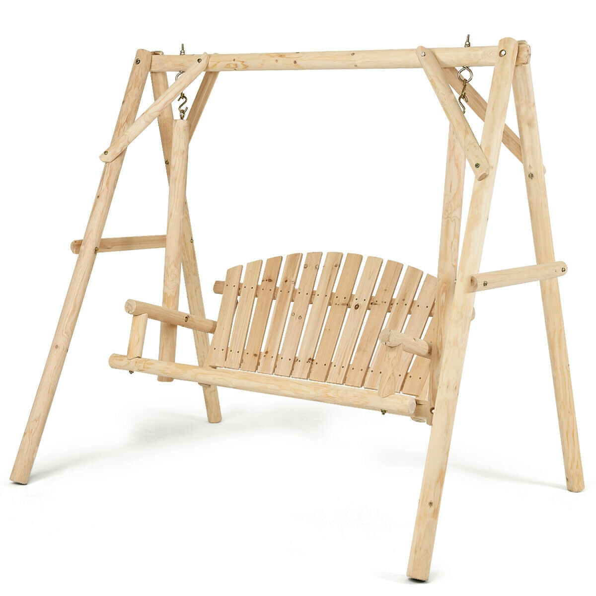 Outdoor Wooden Porch Bench Swing Chair with Rustic Curved Back made of high-quality fir wood, perfect for garden or patio relaxation.