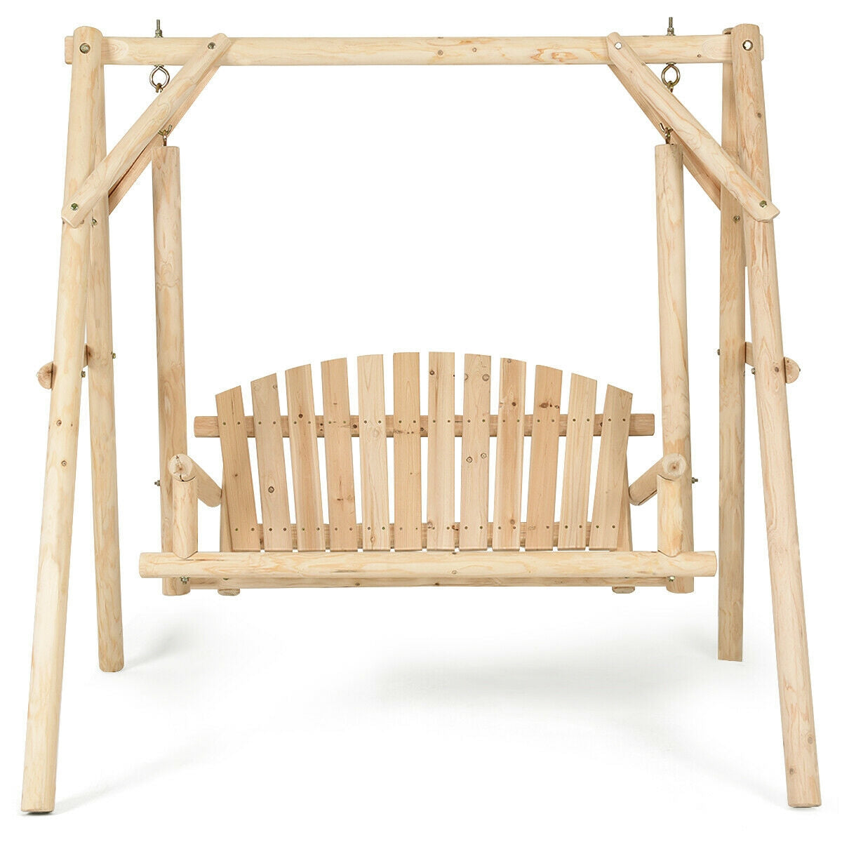 Outdoor Wooden Porch Bench Swing Chair with Rustic Curved Back made of fir wood for outdoor garden or patio seating