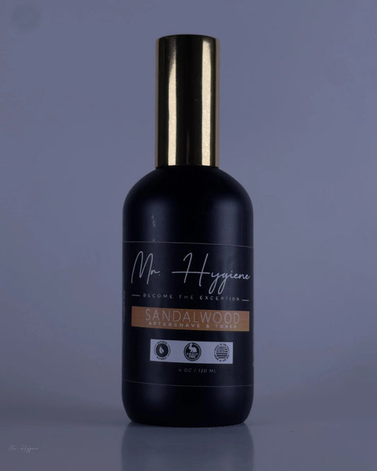 Bottle of Sandalwood Aftershave & Toner with black and gold design