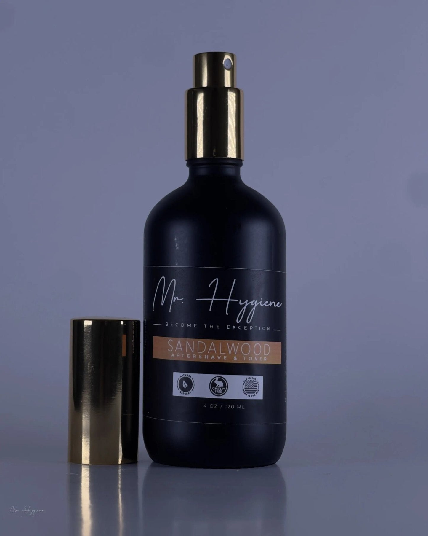 Sandalwood Aftershave & Toner bottle with gold cap offering skin nourishment and protection against irritation.