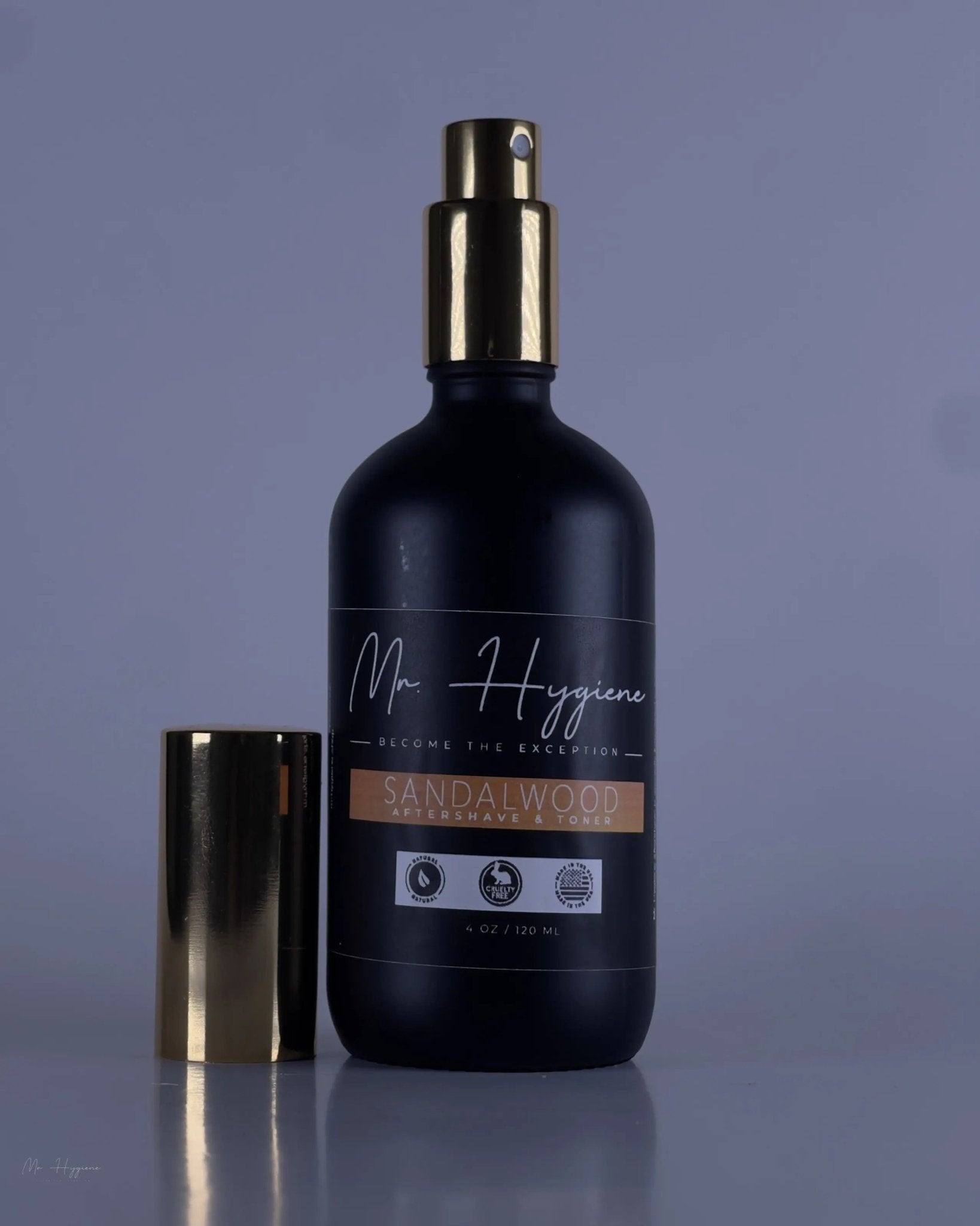 Sandalwood Aftershave & Toner bottle with gold cap offering skin nourishment and protection against irritation.