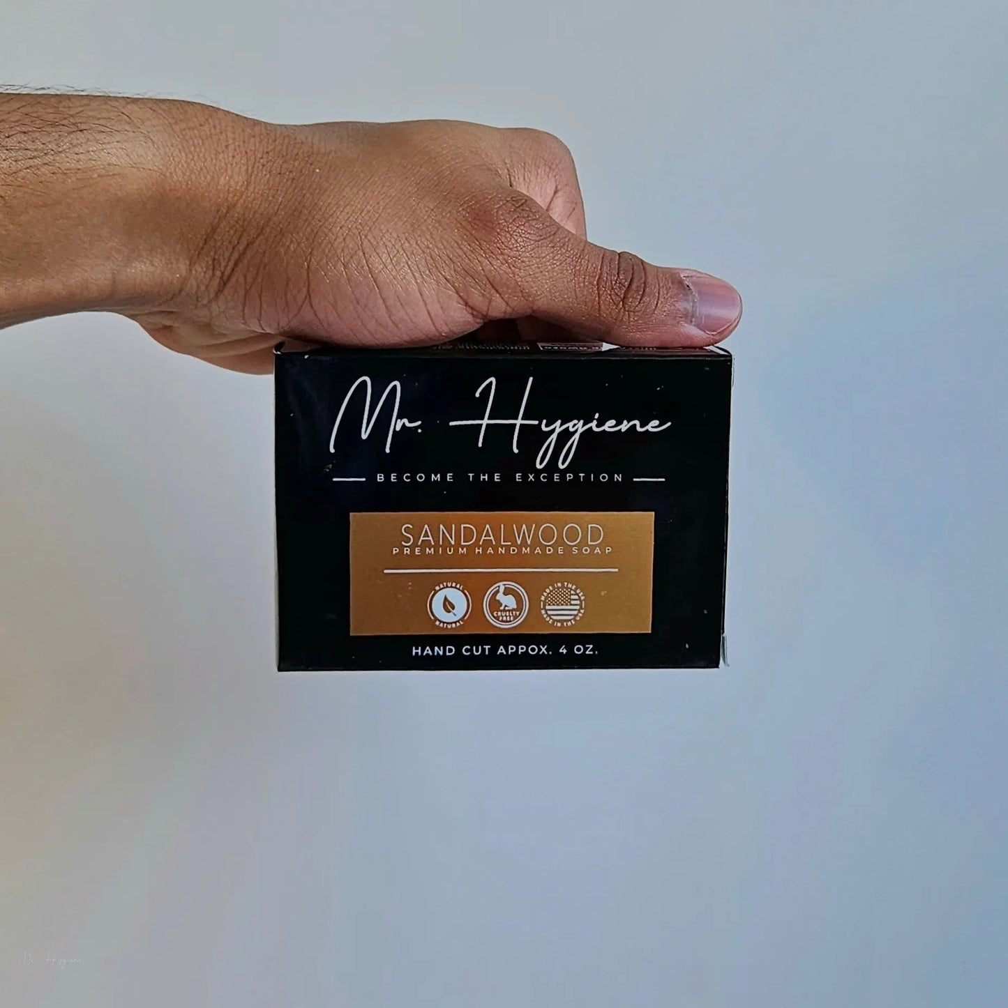 Sandalwood Bar Soap – Classic Scent, Deep Clean in packaging held by a hand, emphasizing natural and rejuvenating skin care.