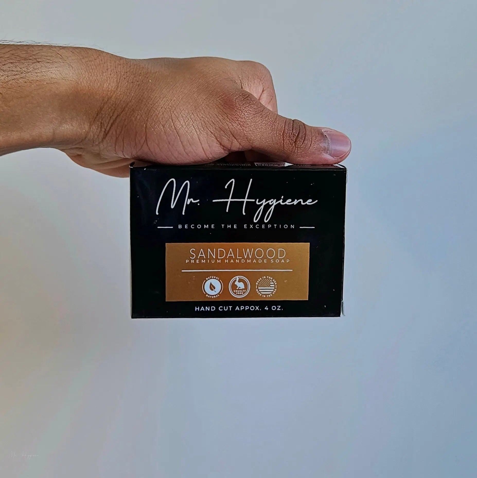Sandalwood Bar Soap – Classic Scent, Deep Clean in packaging held by a hand, emphasizing natural and rejuvenating skin care.