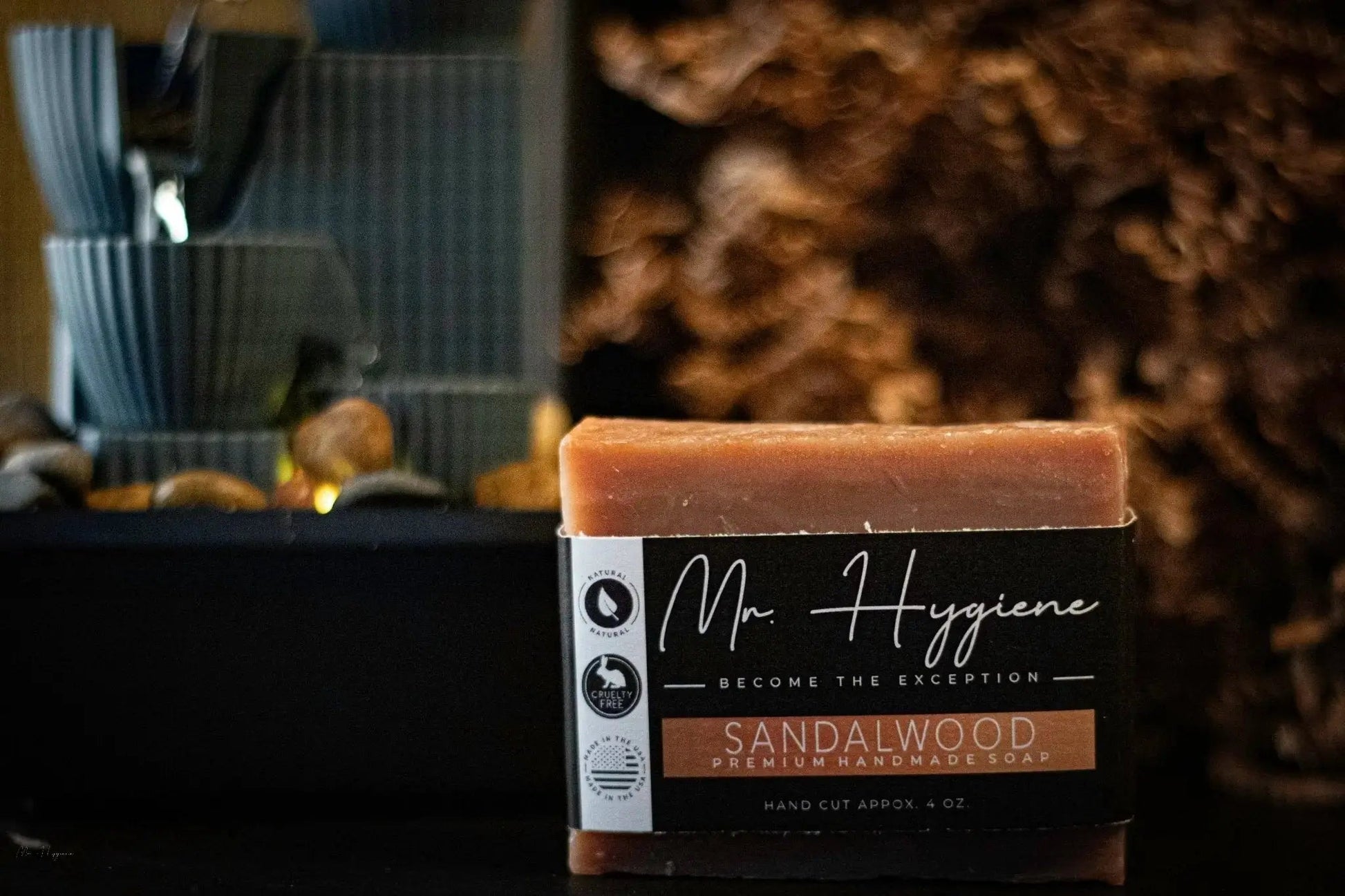 Sandalwood Bar Soap – Classic Scent, Deep Clean in packaging with natural ingredients display