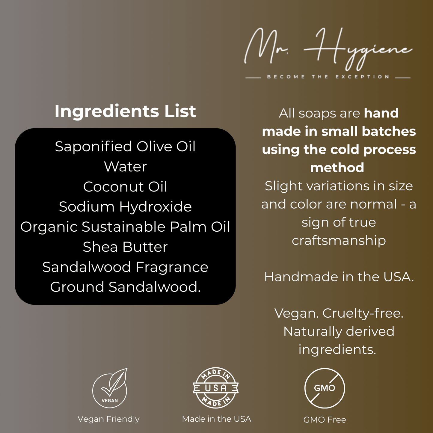Ingredients list and details for Mr. Hygiene Sandalwood Bar Soap, highlighting vegan-friendly, made in USA, and GMO-free features.