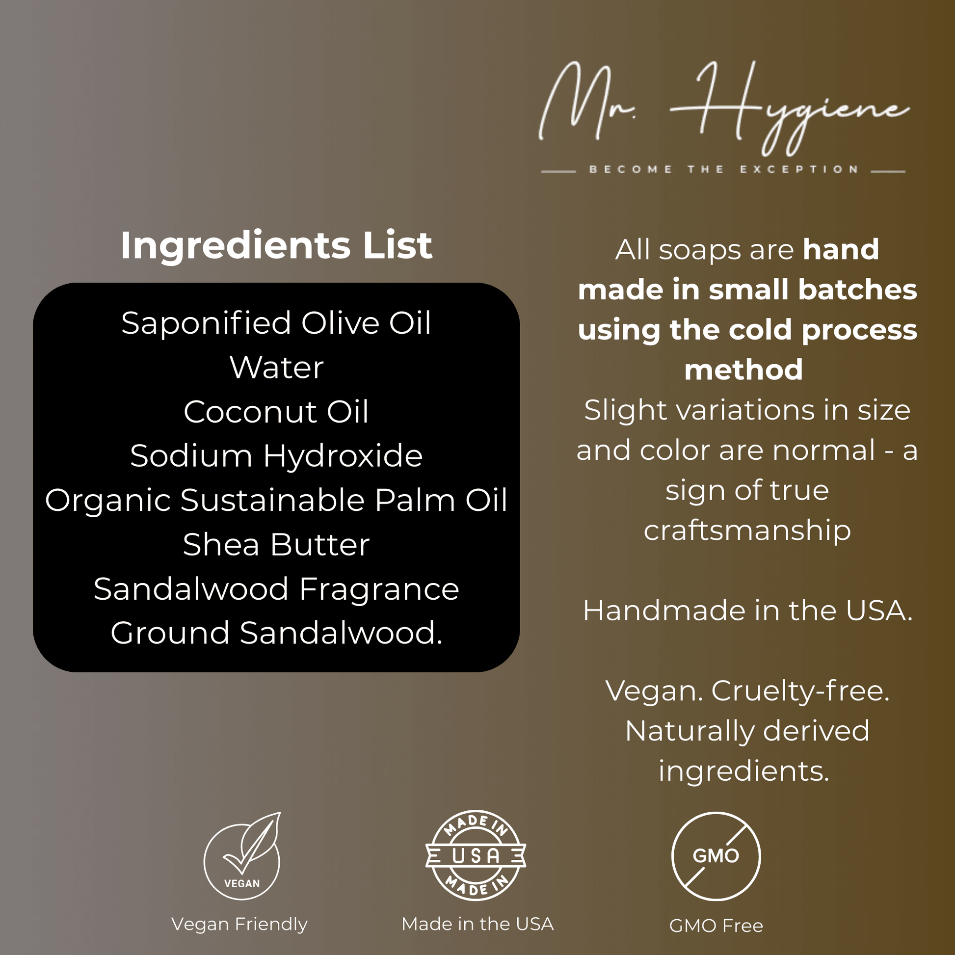 Ingredients list and details for Mr. Hygiene Sandalwood Bar Soap, highlighting vegan-friendly, made in USA, and GMO-free features.