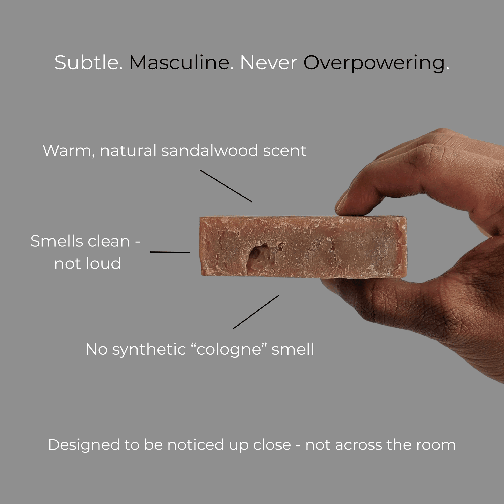Hand holding Sandalwood Bar Soap – Classic Scent, Deep Clean with earthy, calming fragrance. Designed for effective men's grooming.