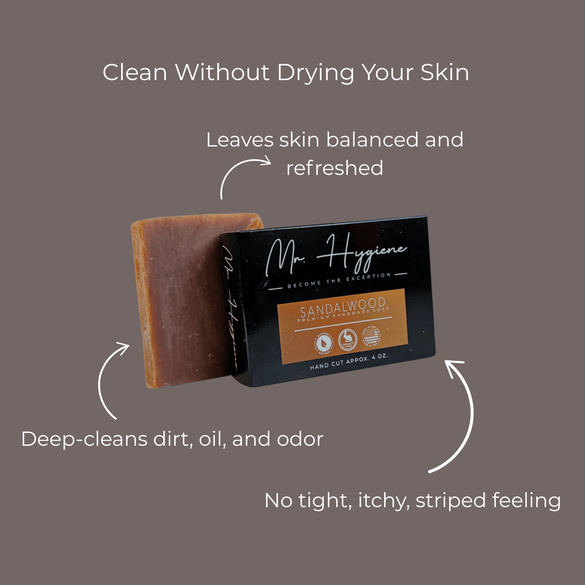 Sandalwood Bar Soap – Classic Scent, Deep Clean with packaging, highlighting its cleansing and refreshing benefits for men.