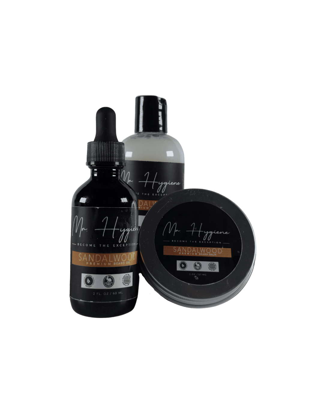 Mr. Hygiene's Sandalwood Beard Kit – Bold Scent, Complete Care with oil, balm, and wash.