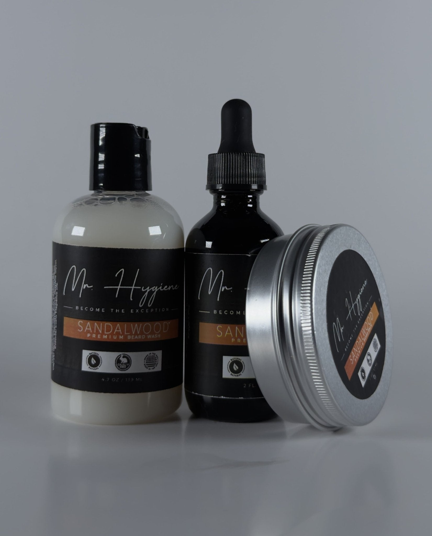Sandalwood Beard Kit – Bold Scent, Complete Care with beard oil, balm, and wash by Mr. Hygiene for grooming and nourishment.