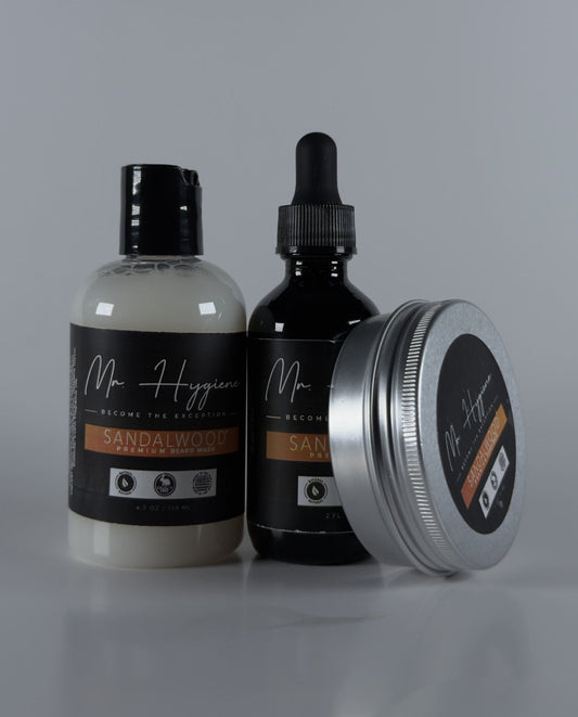 Sandalwood Beard Kit – Bold Scent, Complete Care with beard oil, balm, and wash by Mr. Hygiene for grooming and nourishment.