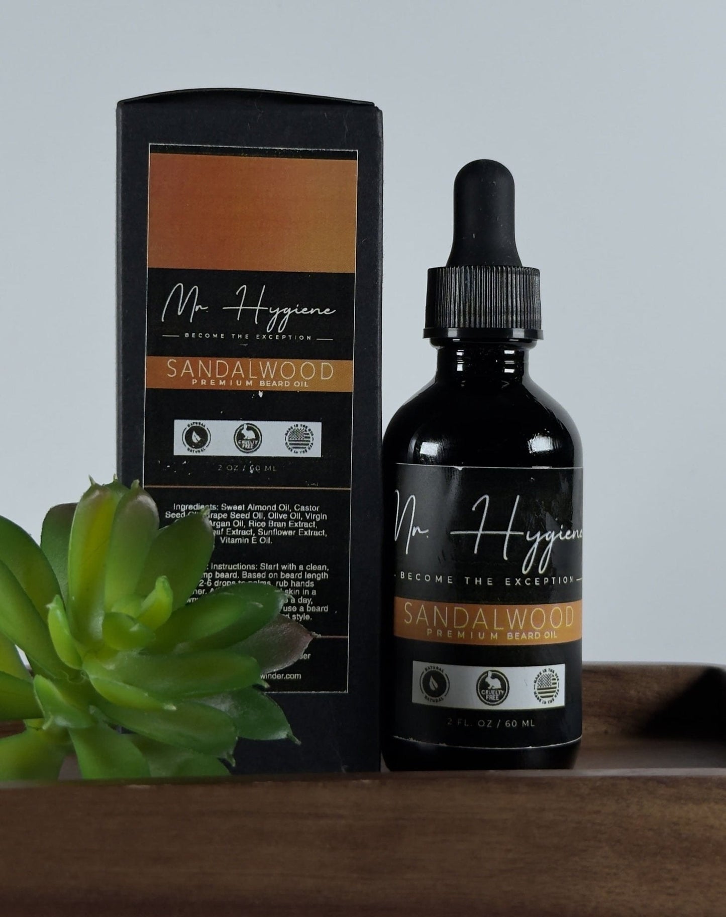 Sandalwood Beard Oil for Men – Smooth, Bold & Clean in black bottle with packaging; promotes healthy beard growth and hydration.